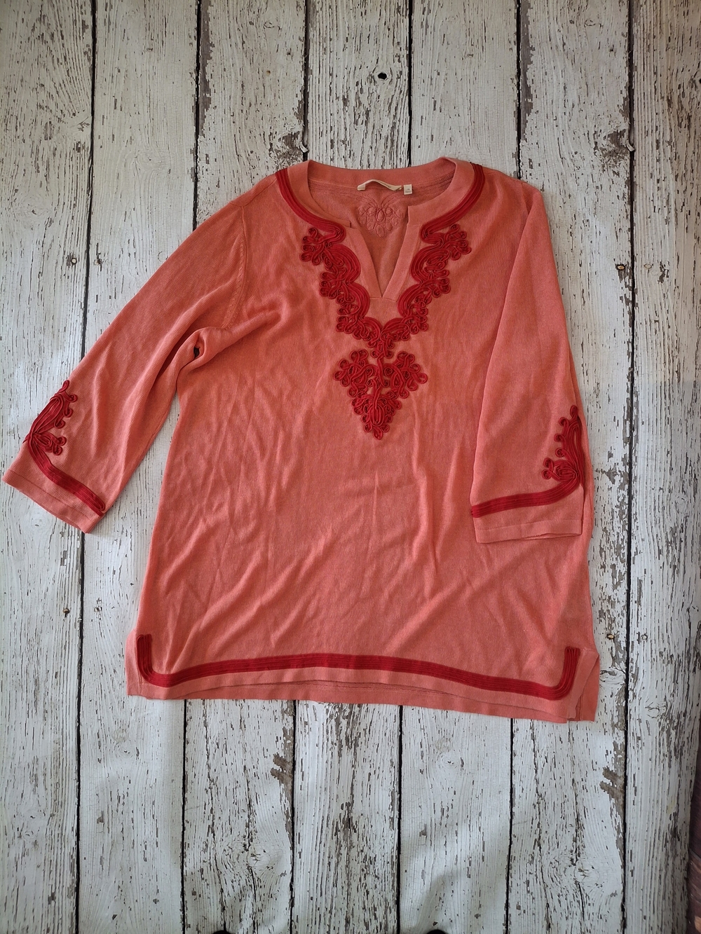 Soft Surroundings Coral V‑Neck Tunic with Red Embroidery